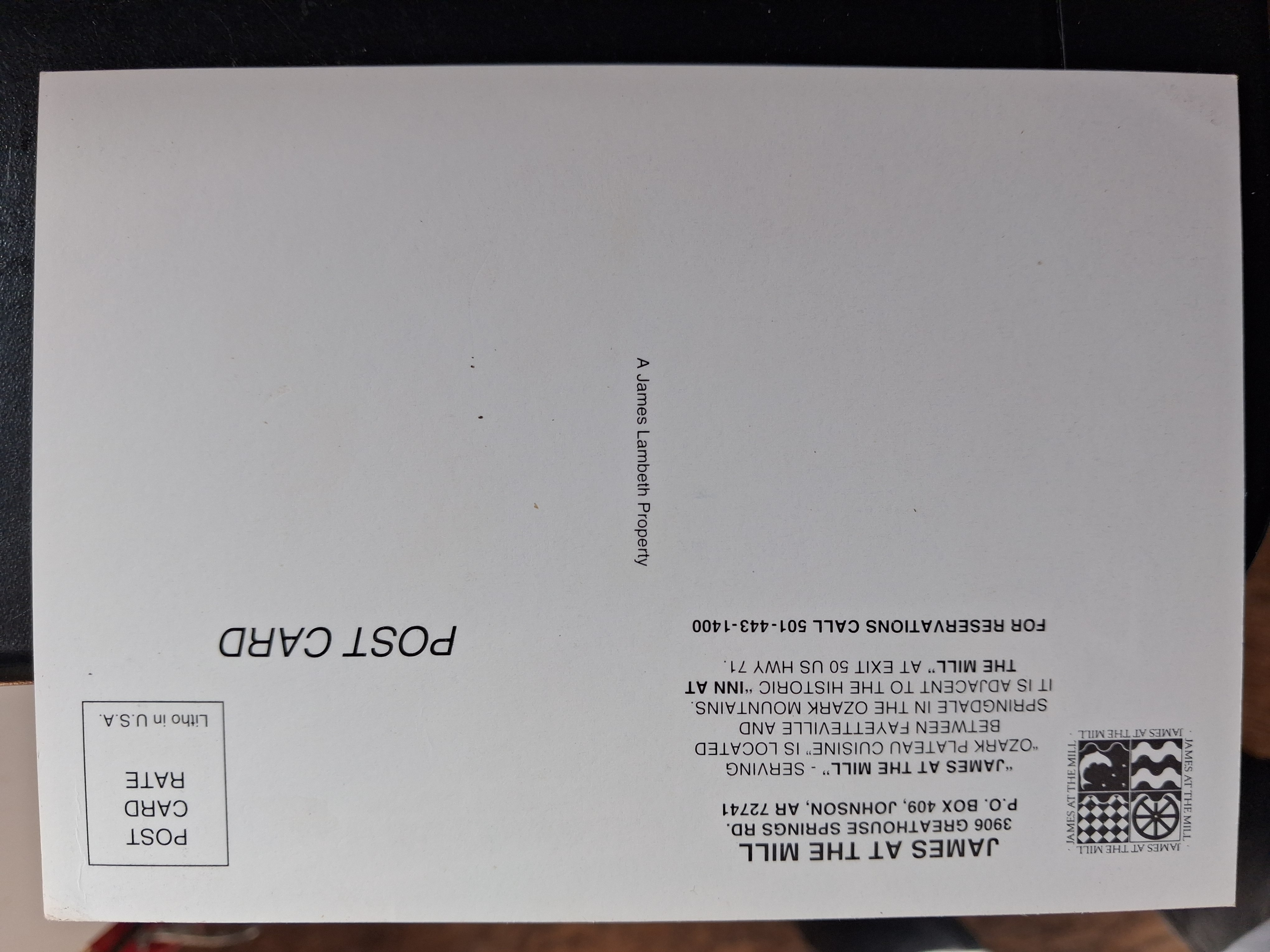 The reverse side of the restaurant postcard.